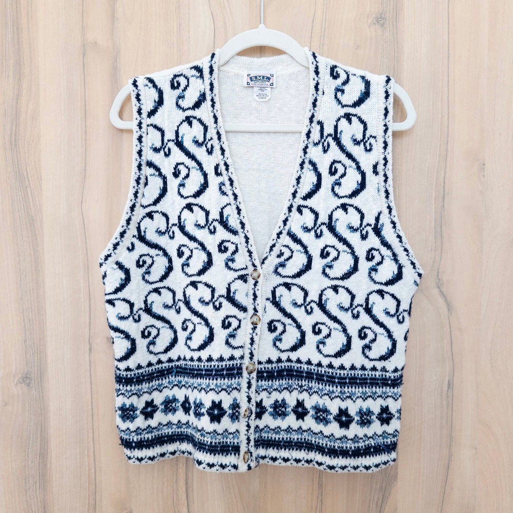 VTG SML Sport‎ Womens Knit Vest Size L White Blue Fair Isle Cottagecore Cozy